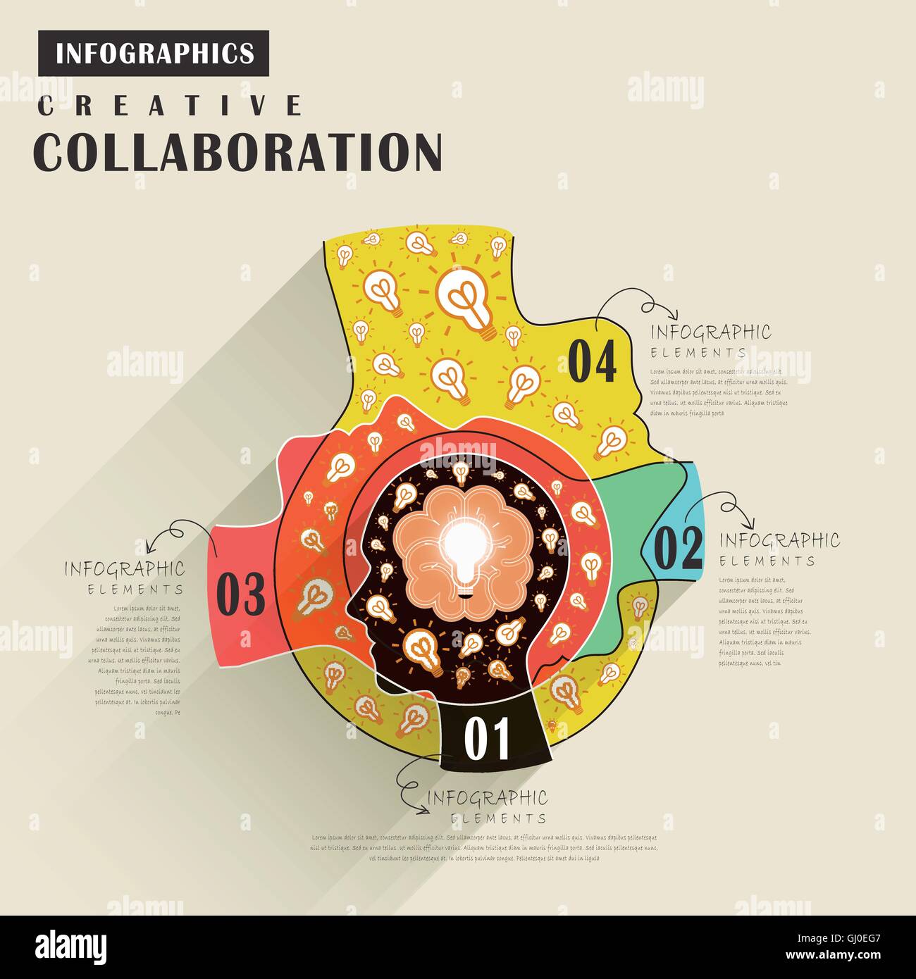 Collaboration concept flat design with human heads and bulbs Stock ...