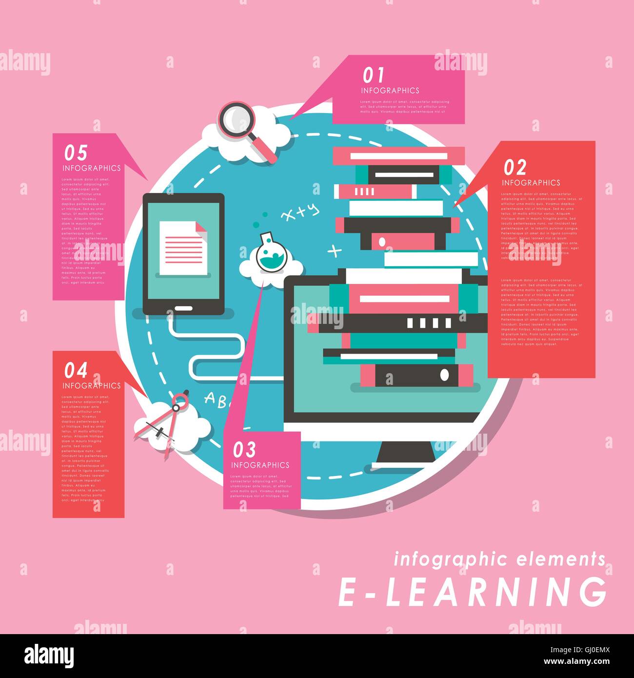 Elearning concept flat design with devices and books Stock Vector