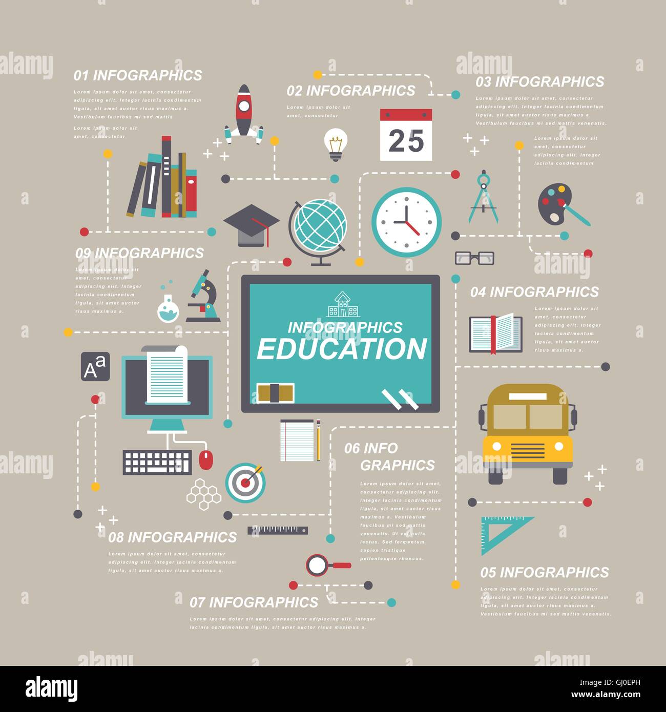 Education flat design with stationery and chalkboard Stock Vector Image ...