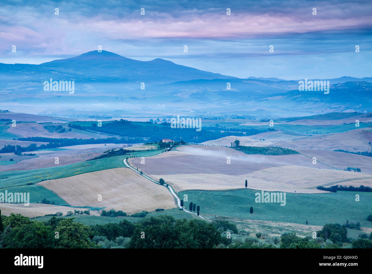the Val d’Orcia from Pienza at dawn, Tuscany, Italy Stock Photo
