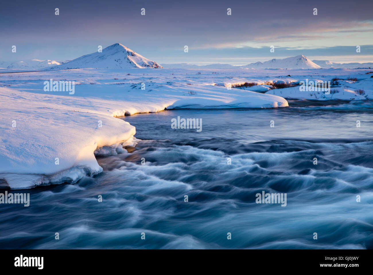 River Laxá , Mývatn at dawn, north eastern Iceland Stock Photo