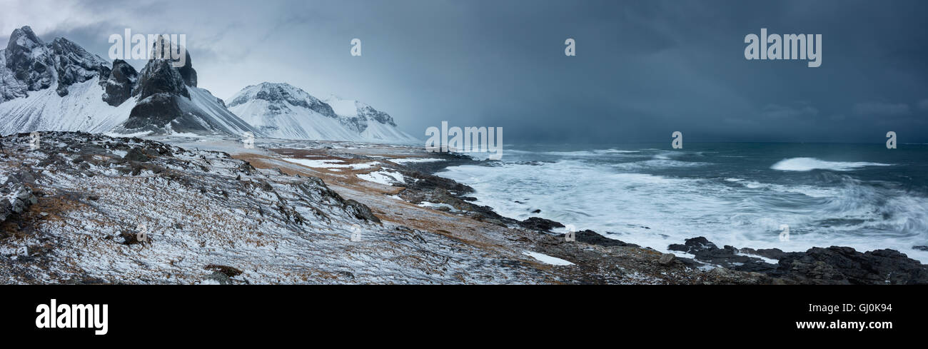 the coast at Eystrahorn on a stormy winter day, eastern Iceland Stock Photo