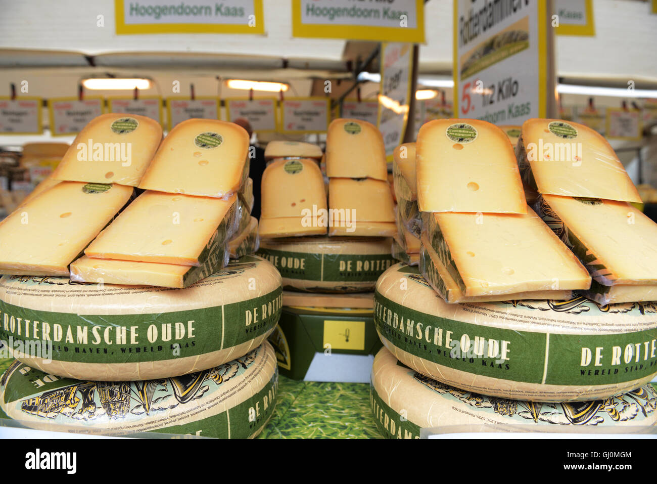 Rotterdamsche oude cheese sold at the cheese market in Rotterdam Stock