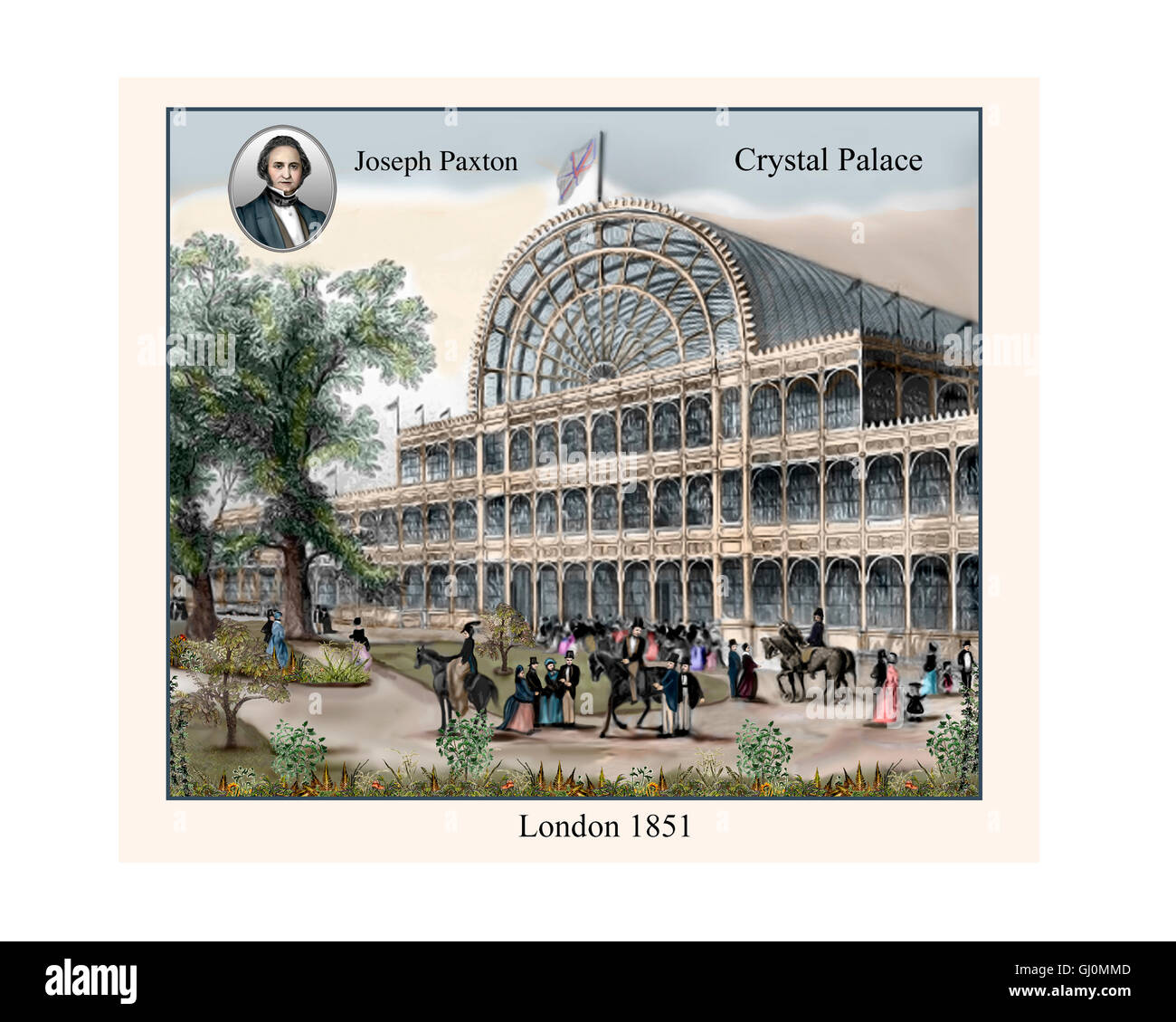 Crystal Palace, The Great Exhibition, Hyde Park, London 1851, from a 19th century engraving, sharpened and coloured Stock Photo