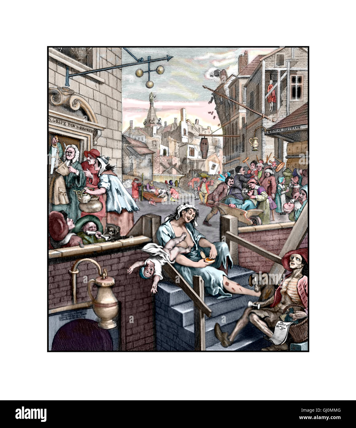 Gin Lane, Illustration from the 1751 engraving by William Hogarth, sharpened and coloured Stock Photo