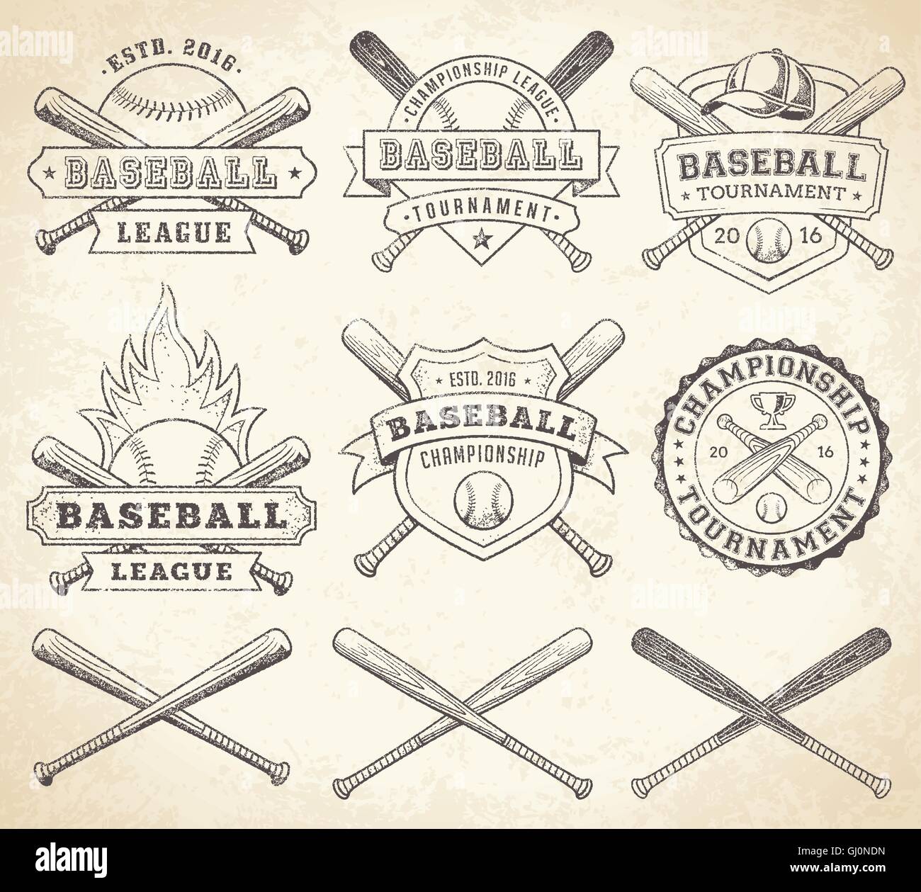 Collection of vector illustrations of Baseball team and competition logos and insignias, in grunge Vintage style. Stock Vector