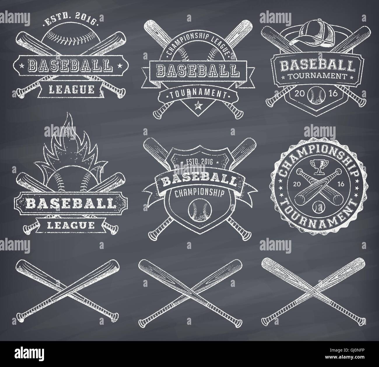 Collection of vector illustrations of Baseball team and competition logos and insignias, in grunge style over a blackboard Stock Vector