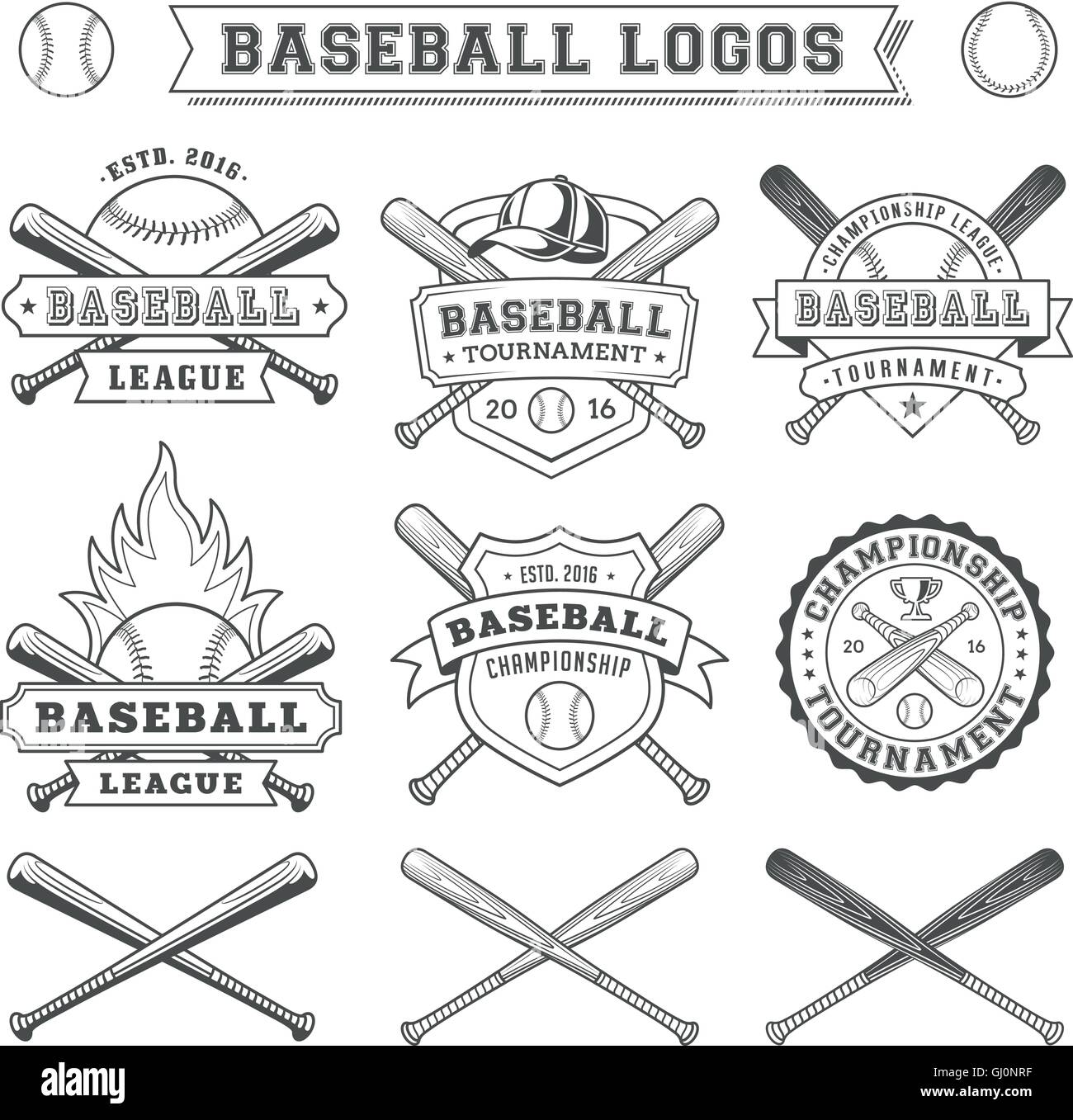 Black and White Vector Baseball logo and insignias Stock Vector