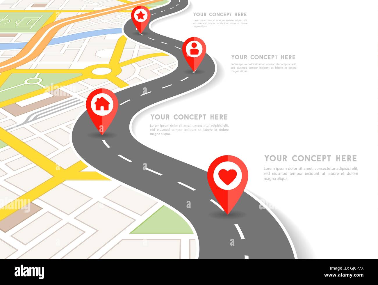 Vector Infographic with a tortuous road separating blank space from a Perspective city map with red markers and rounded icons. Stock Vector
