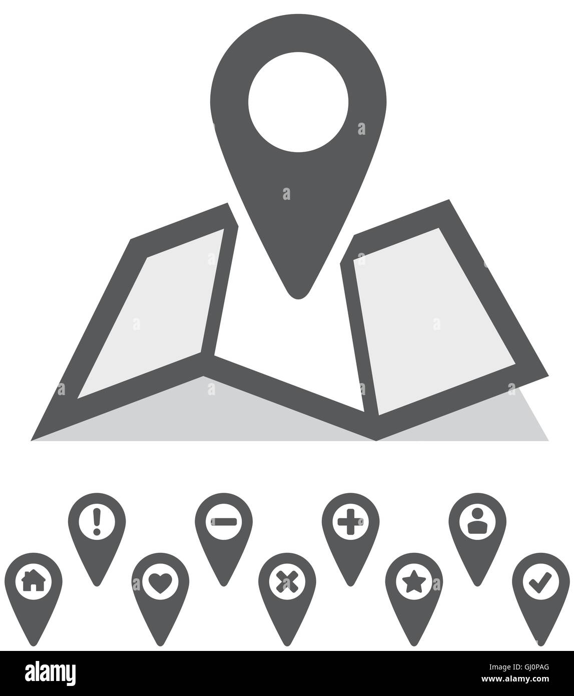 A nice folded map icon with marker on top, with more icon marker marker included. Stock Vector