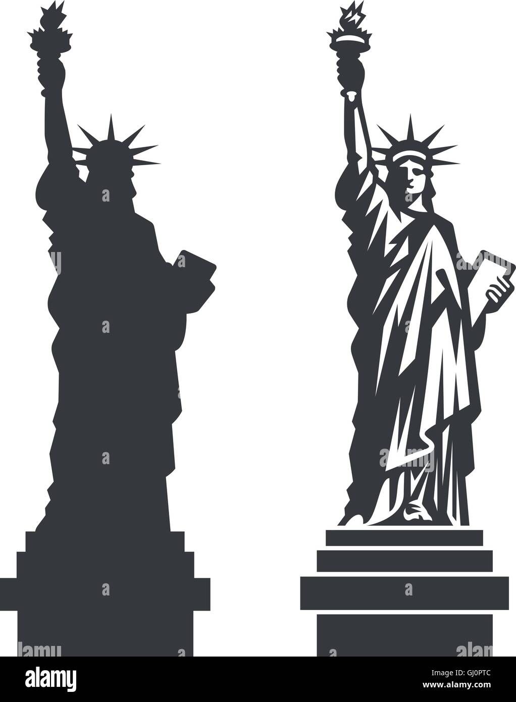 Double silhouette of the famous Statue of Liberty in New York City Stock Vector