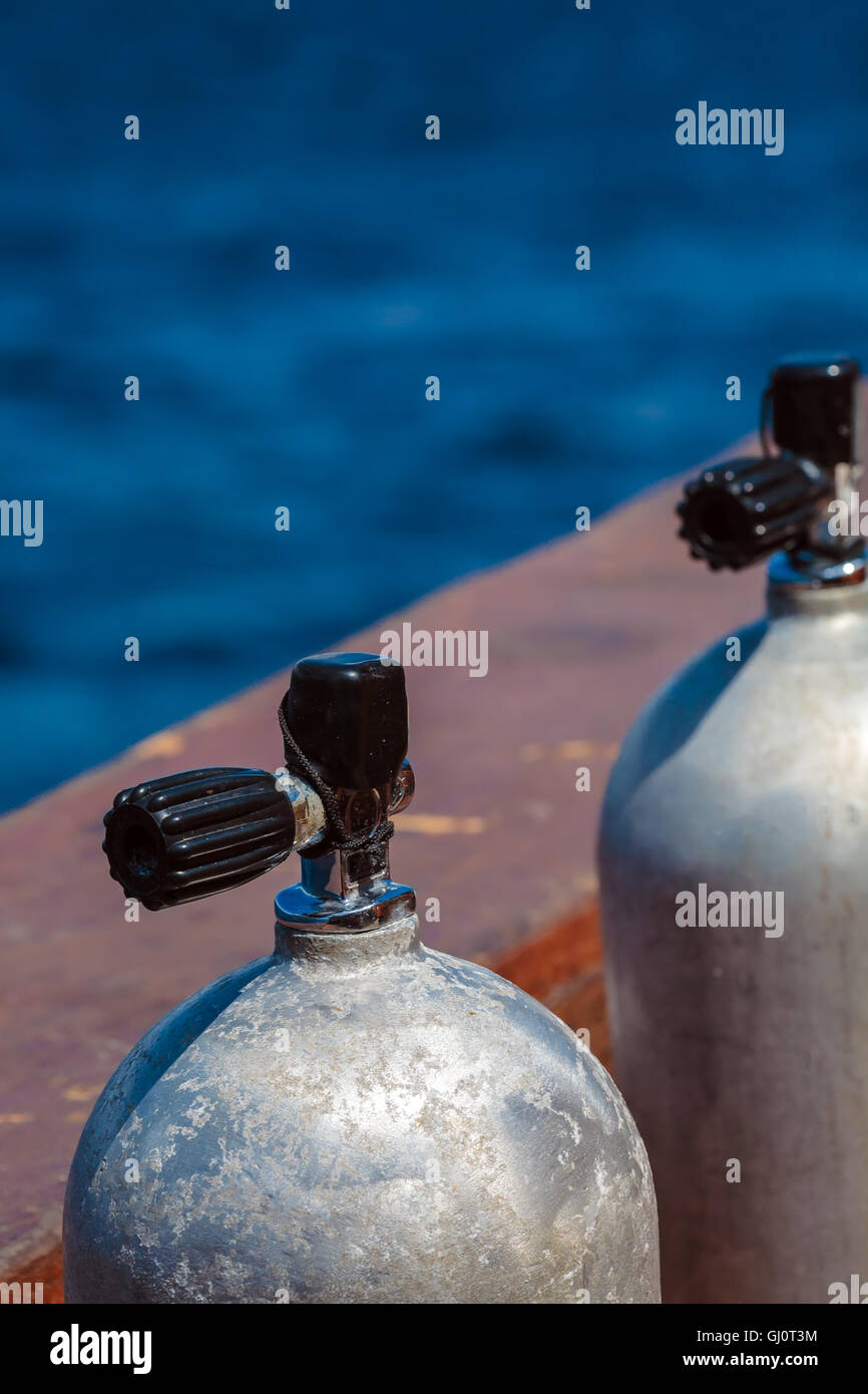 Two aluminum Compressed Air Tanks on Scuba Diving Boat Stock Photo Alamy