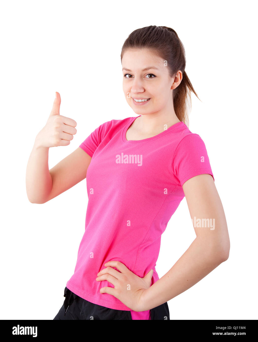 happy woman showing thumb up isolated on white Stock Photo