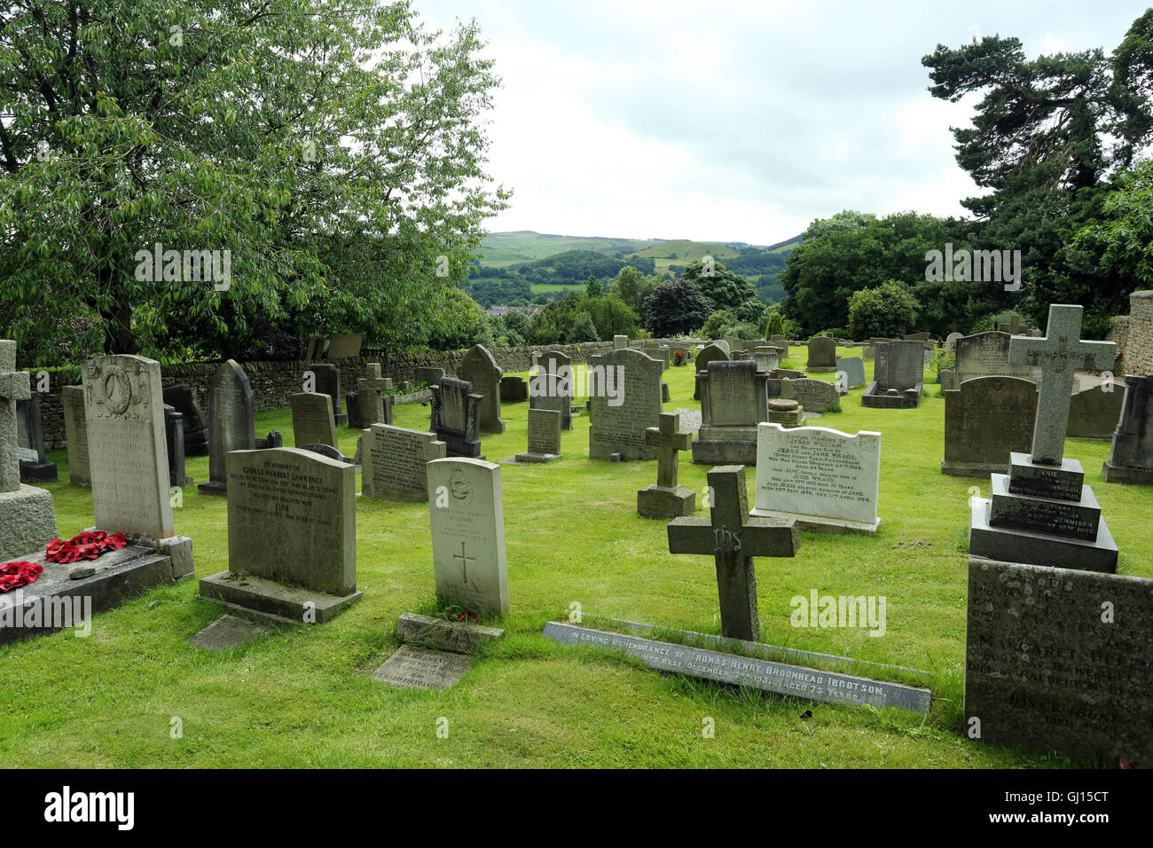 Graveyard at St. Michael and All Angels Church, Hathersage, Peak District, Derbyshire, England, UK Stock Photo