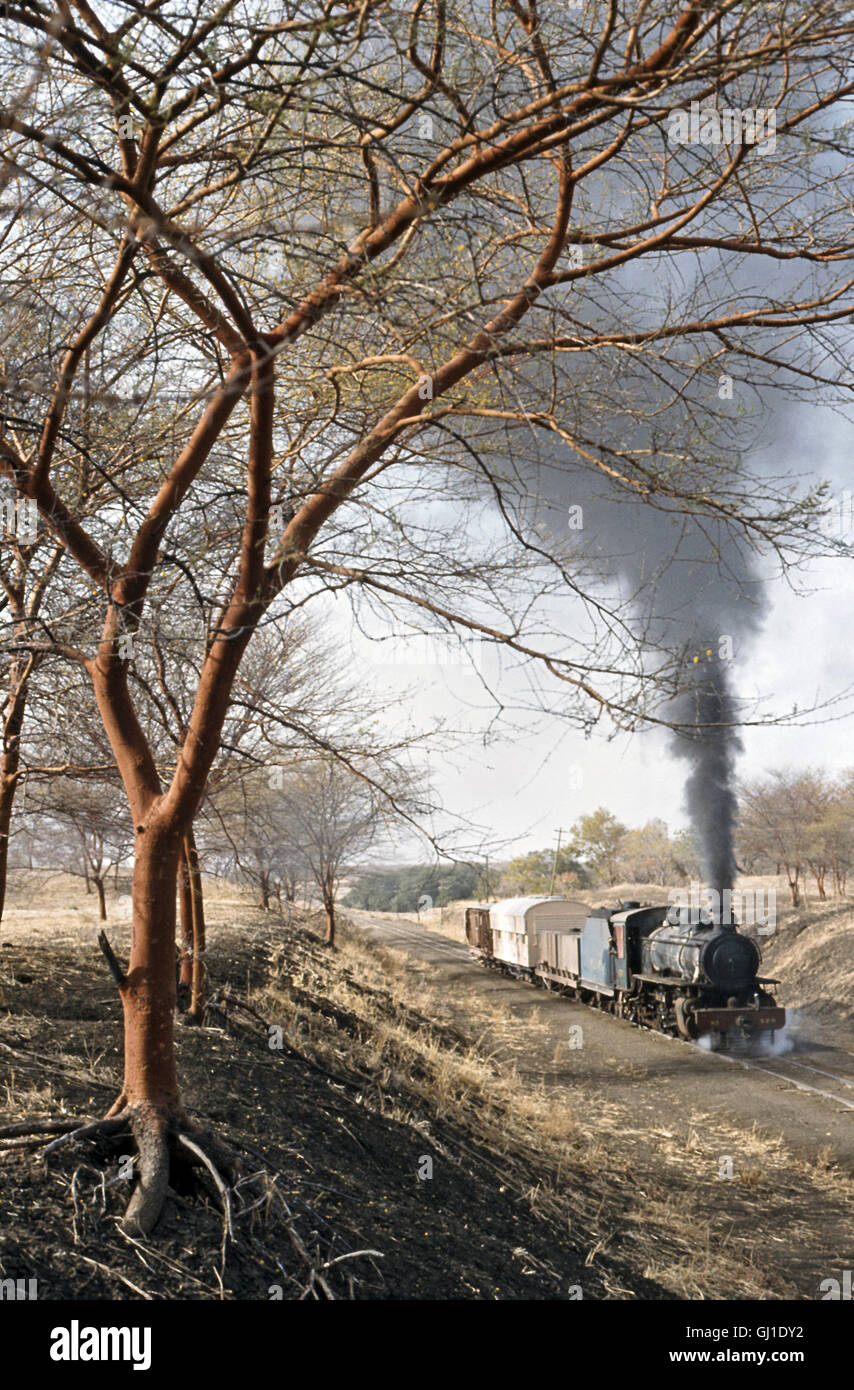 Sudan Railways Mikado No.326 heads a mixed train between Damazeen and Khor Doniya. Stock Photo