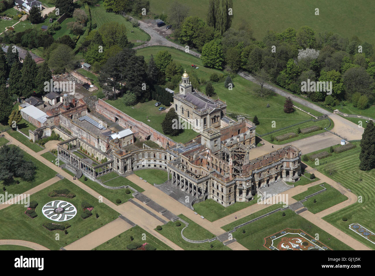 Aerial views of English Heritage Witley Court and gardens near Great