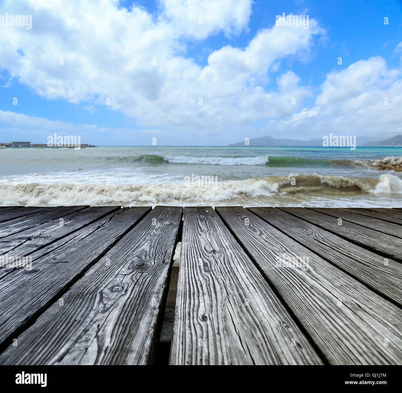 Wooden rostum on sea view and sky background Stock Photo - Alamy