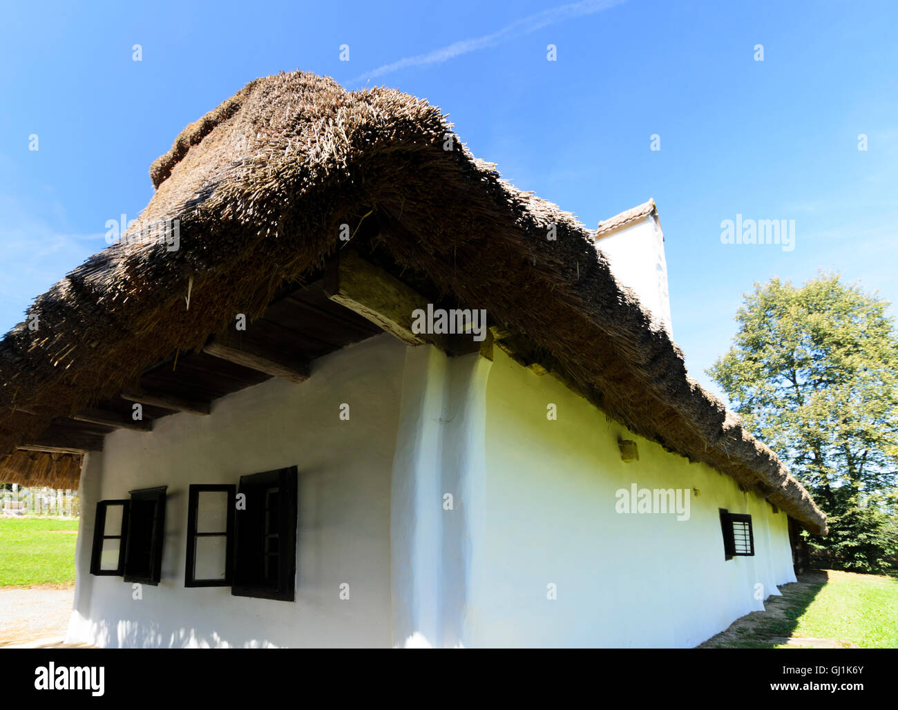 Bad Tatzmannsdorf: former farmhouse with Reed Roof at the open air museum, Austria, Burgenland, Stock Photo