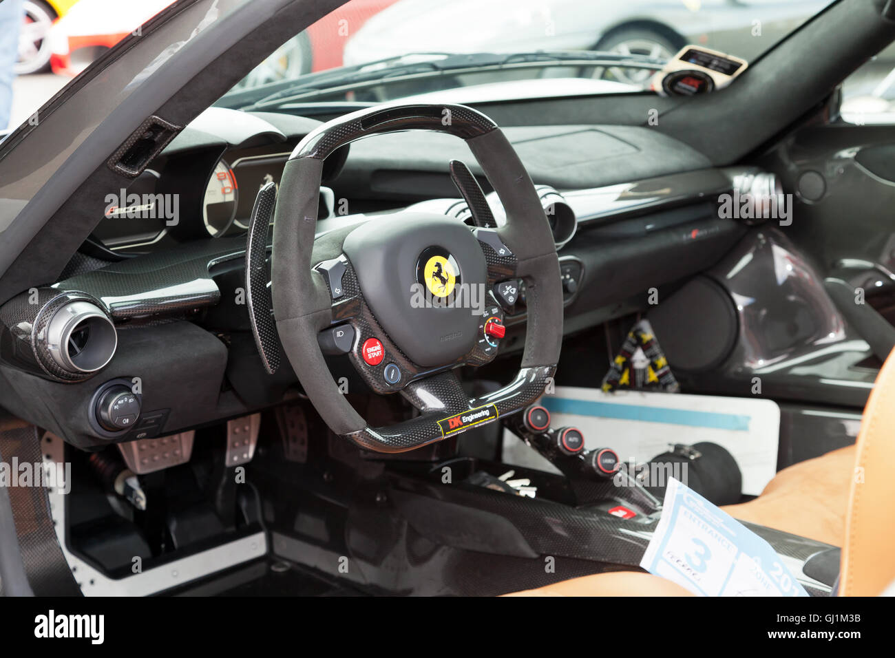 Cockpit interior view of LaFerrari  hybrid sports car on display in the Ferrari Owners Club area of the Silverstone Classic 2016 Stock Photo