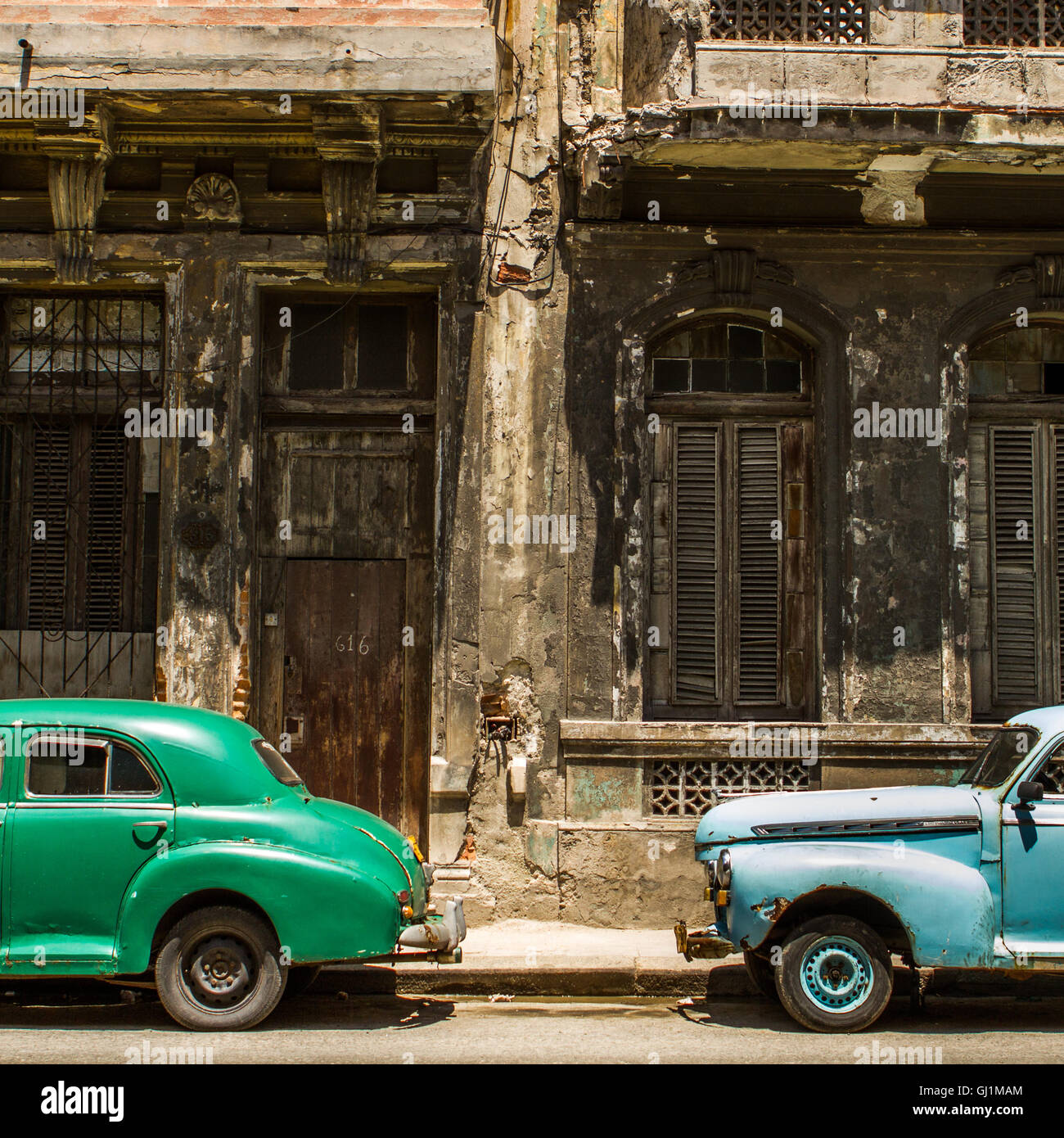 Green and blue vintage cars, Havana, Cuba, 2013 Stock Photo