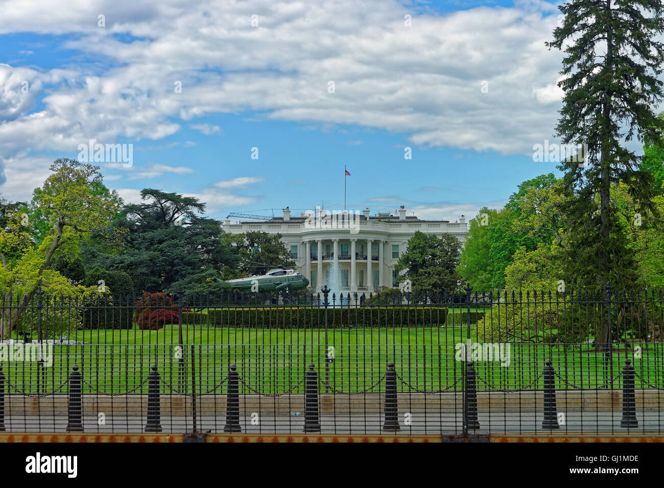 Helicopter near the White House in Washington D.C., USA. The residence of the US President. President John Adams was the first one to live there in 1800. The architect of the building was James Hoban. Stock Photo