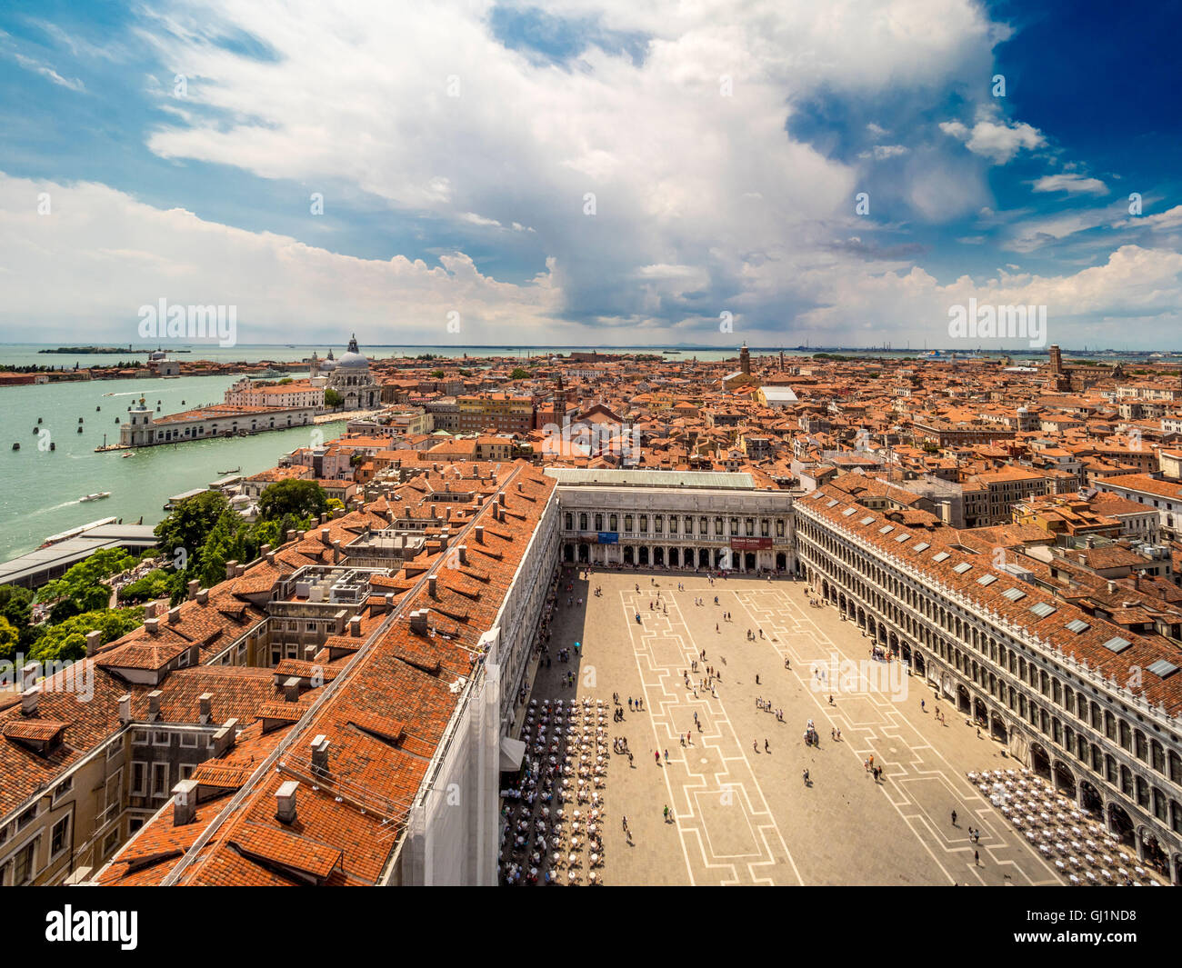 Aerial  view of of St Mark's square, with St Mark's Basin and the Dogana da Mar in the distance. Stock Photo