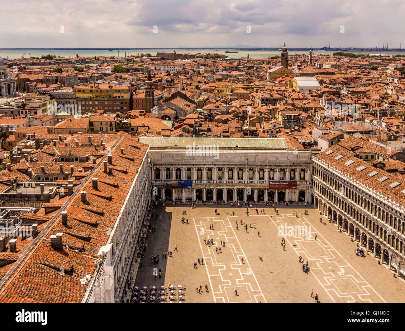 Aerial  view of St Mark's square, with it outdoor cafes. Venice, Italy Stock Photo
