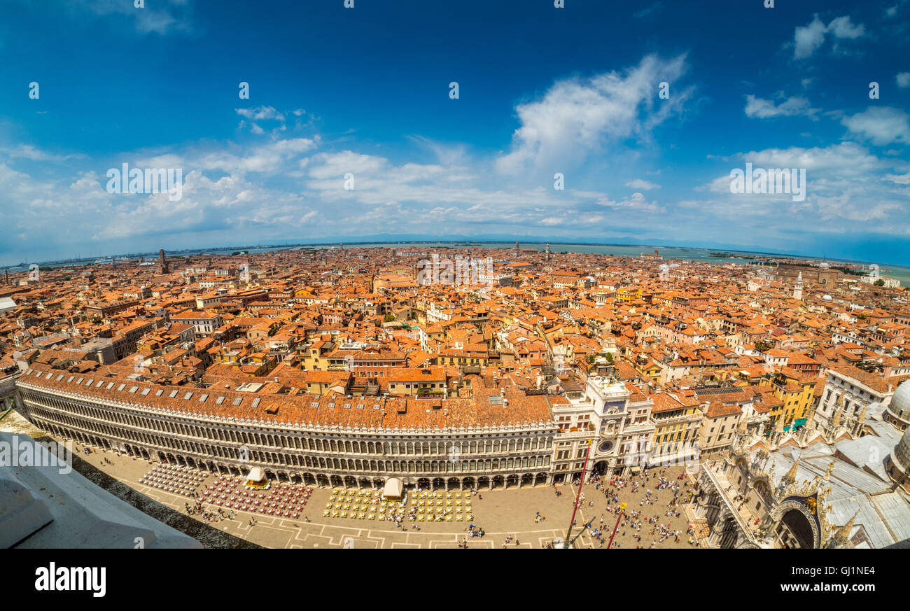 Aerial panoramic view of Venice, with St Mark's Square and the basilica in the foreground. Stock Photo
