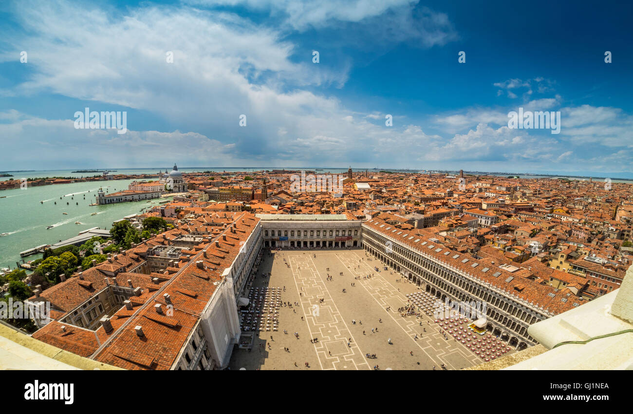 Aerial panoramic view of St Mark's Square seen from the roof of St Mark's basilica. Stock Photo