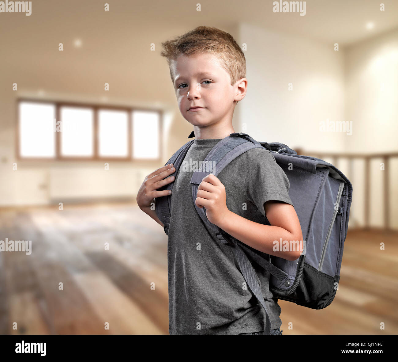 Young boy with backpack proud and ready to go back to school Stock ...