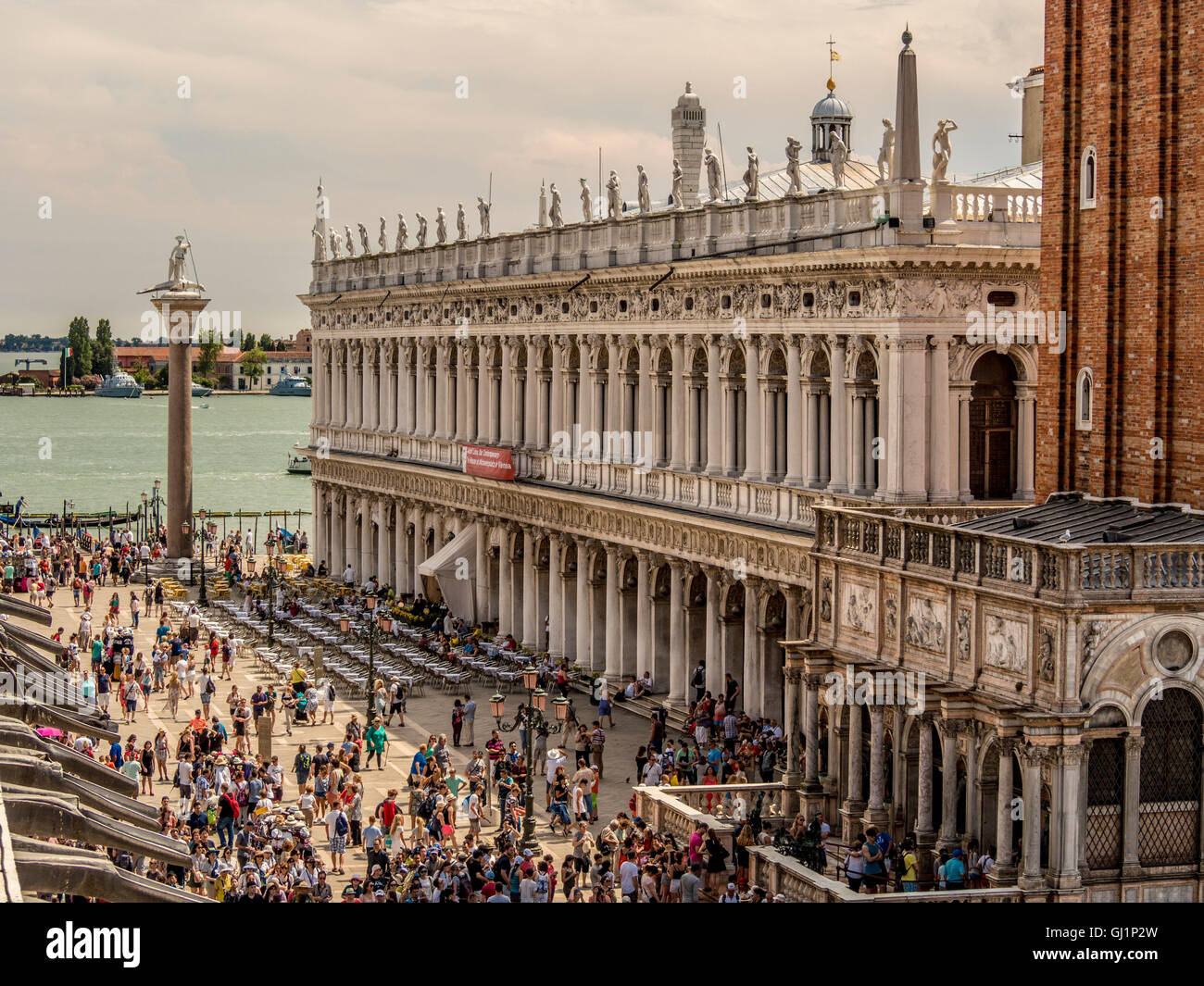 Aerial view of Biblioteca Marciana and Piazzetta di San Marco looking towards Molo. Venice, Italy Stock Photo