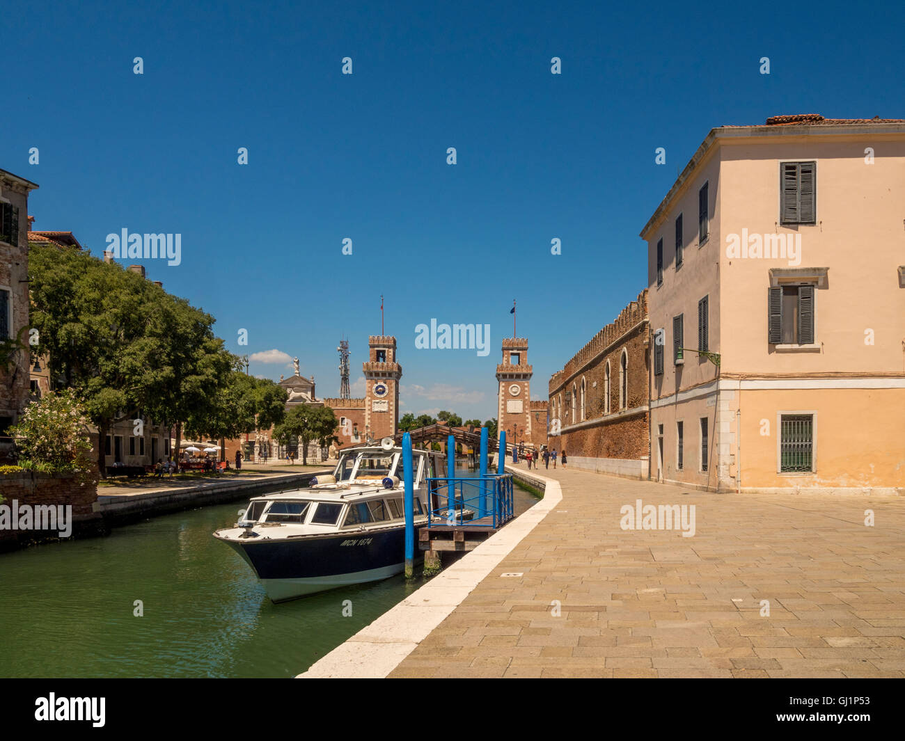 Arsenale Porta Magna with moored boat in foreground. Venice, Italy. Stock Photo
