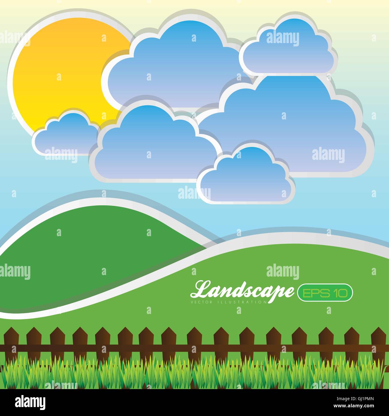 illustration of landscape with clouds and sun vector illustratio Stock ...