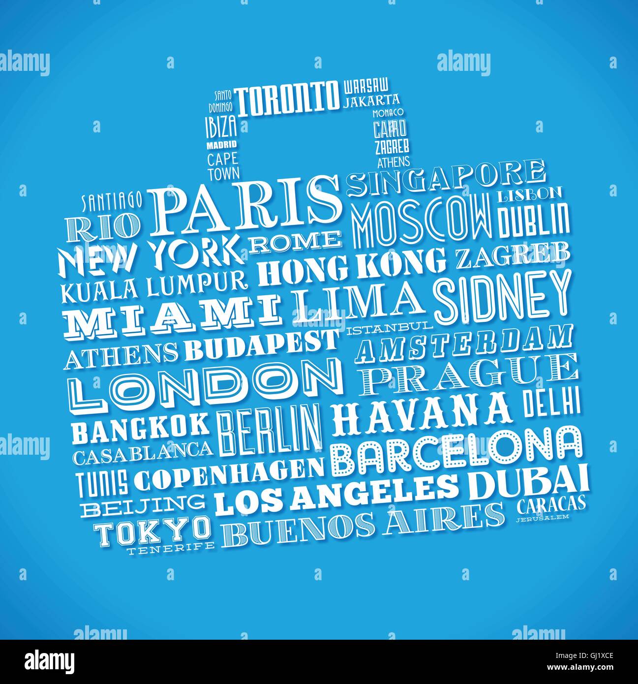 Vector design of a grunge travel bag composed of famous city names from all over the world Stock Vector