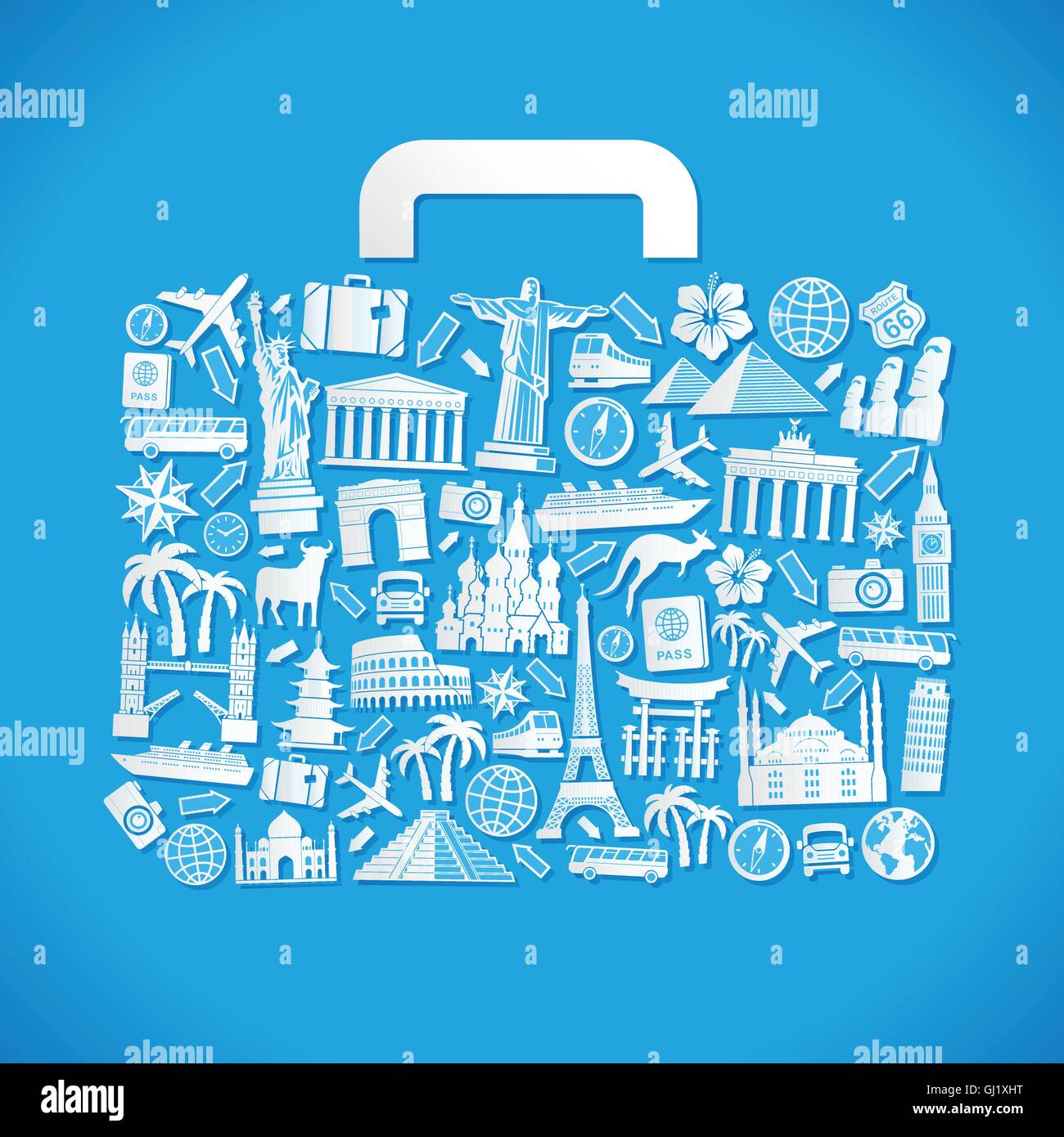 Vector Illustration of a luggage composed of travel icons and famous monuments Stock Vector