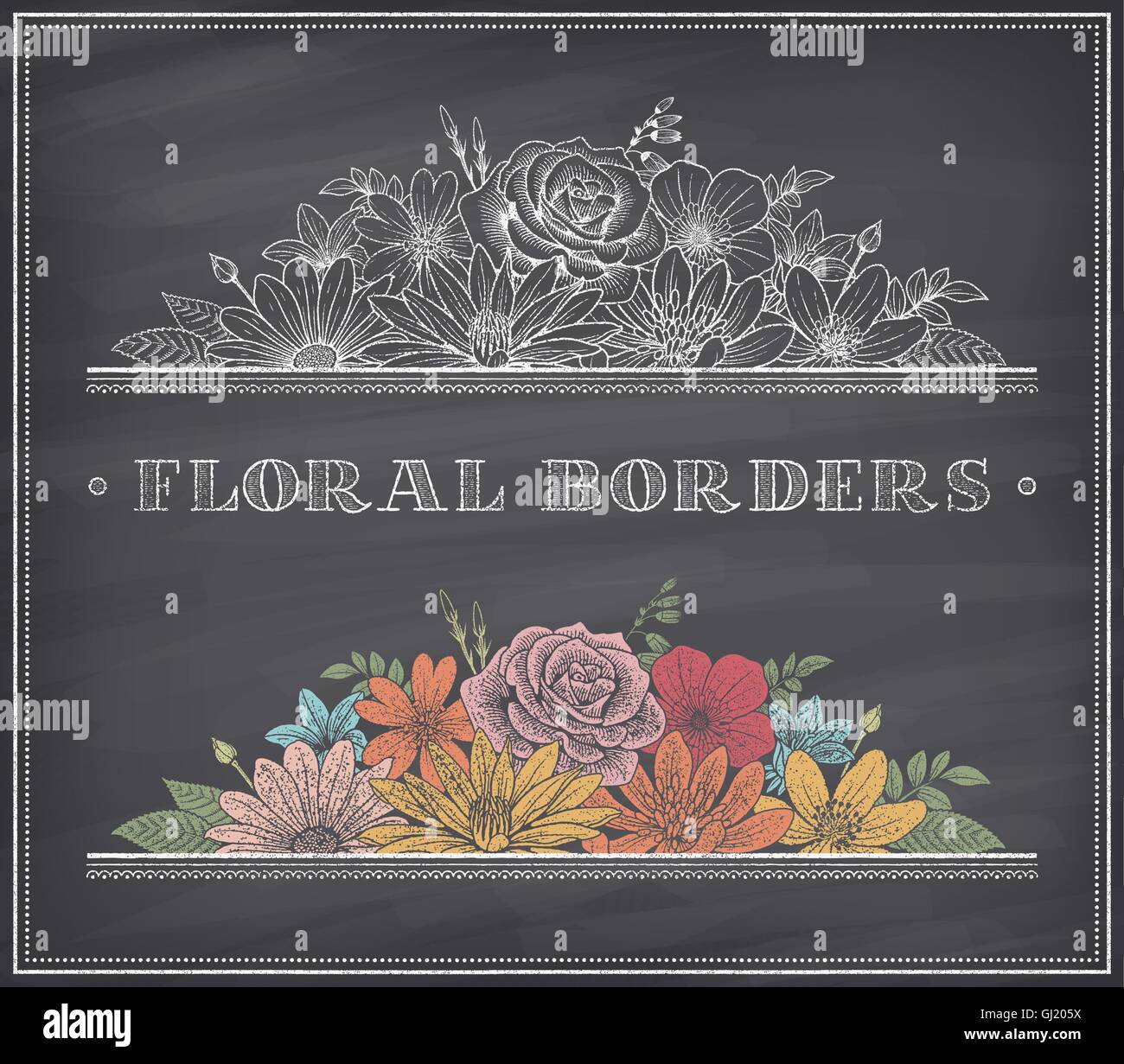 Vector border decoration composed of detailed colorful flowers illustrations with chalk drawing effect on a nice shaded blackboard Stock Vector