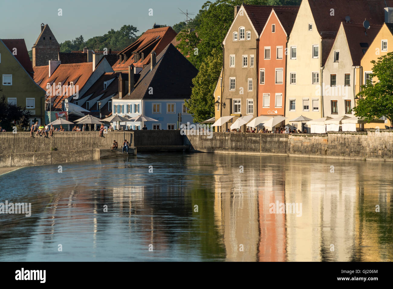 the historic centre of Landsberg am Lech reflected in the river Lech,  Upper-Bavaria, Bavaria, Germany, Europe Stock Photo