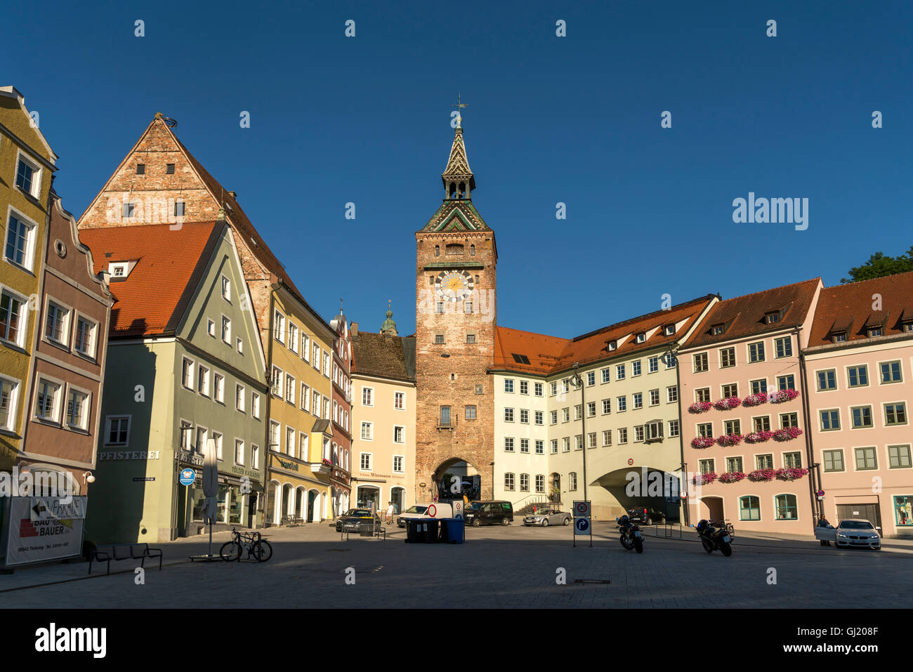 main square of the historic old town with tower Schmalzturm, Landsberg am Lech,  Upper-Bavaria, Bavaria, Germany, Europe Stock Photo