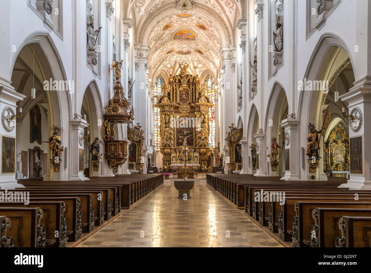 interior and altar of the church Maria Himmelfahrt, Landsberg am Lech,  Upper-Bavaria, Bavaria, Germany, Europe Stock Photo