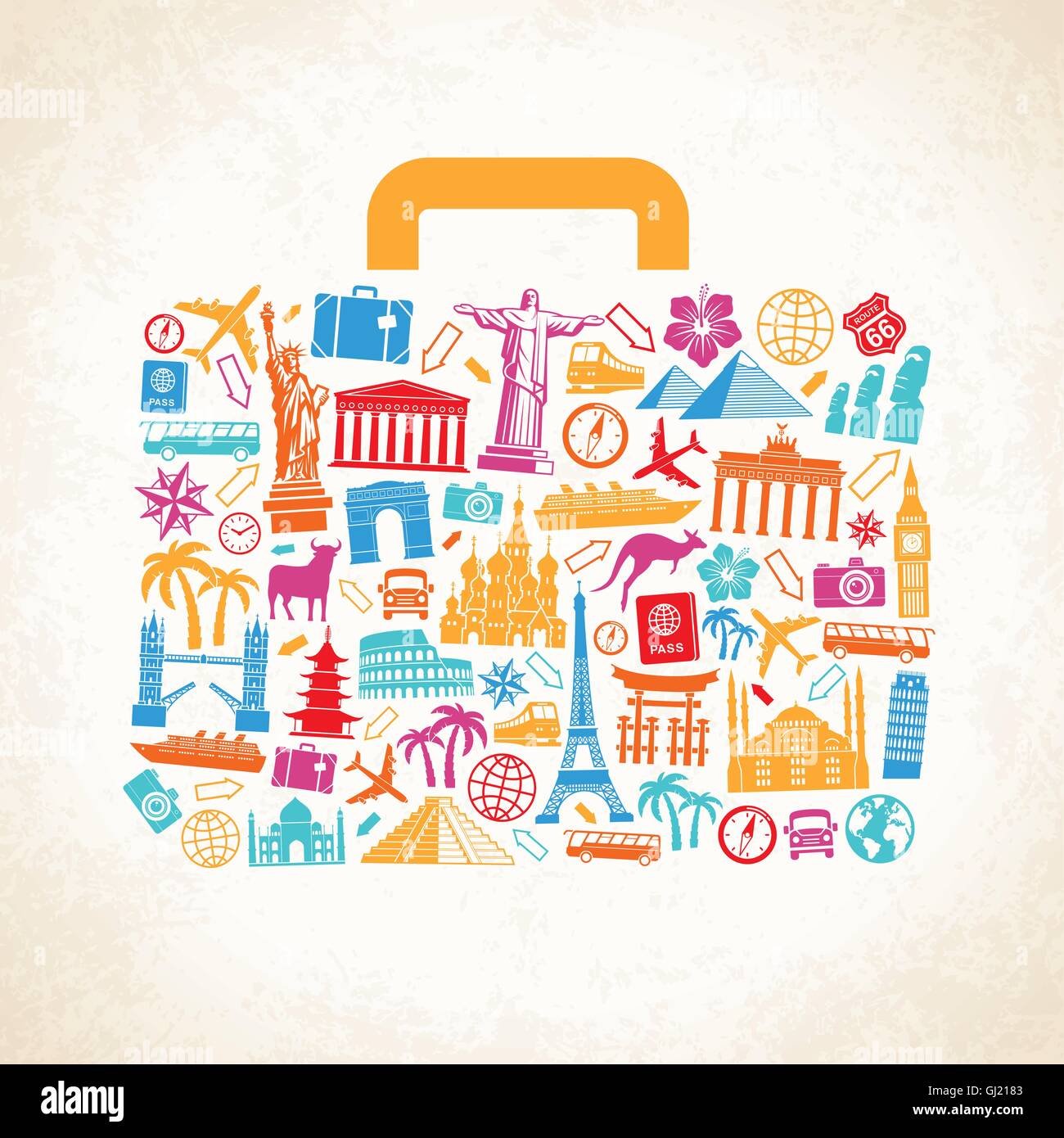 Travel luggage concept composed of travel related and famous monuments icons on a grunge background. Stock Vector