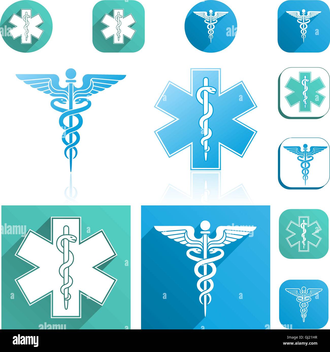 A Caduceus and Esculapius Staff Icons Set with modern colors. Stock Vector