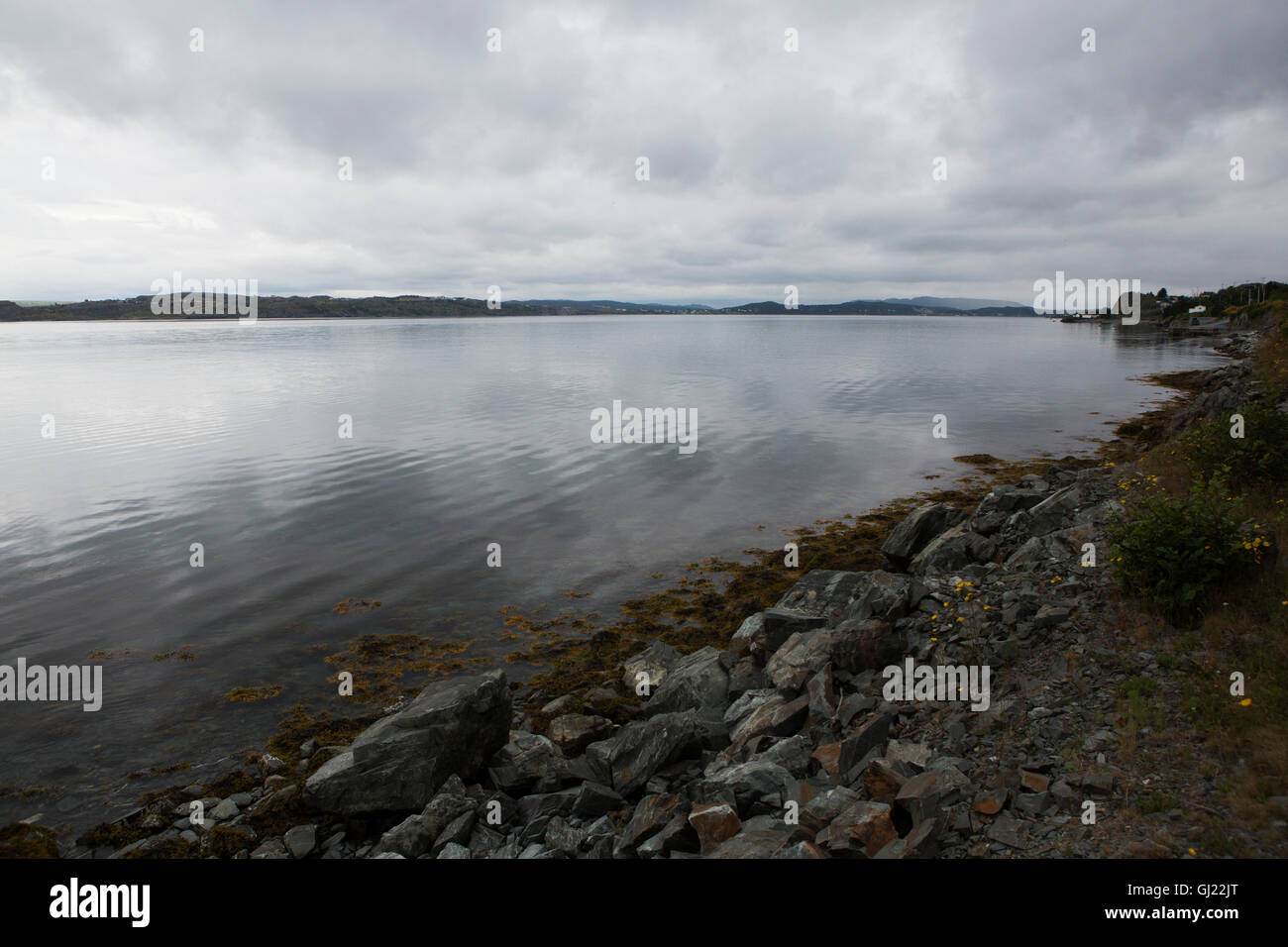 Bay Roberts in Newfoundland and Labrador, Canada. Heavy, overcast skies hang over the shoreline over Conception Bay. Stock Photo