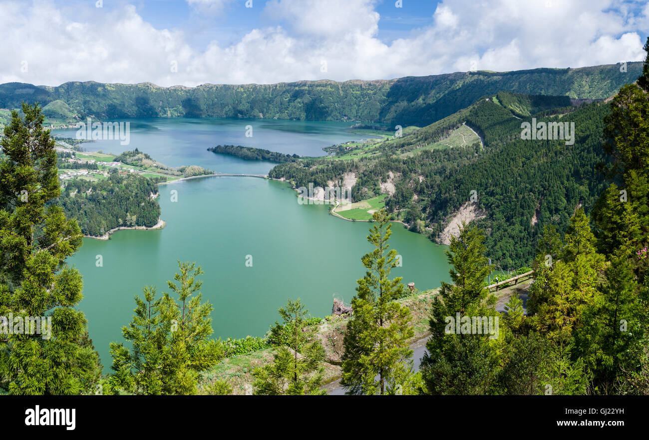Lagoa Verde and Azul from above. Shot from the balcony of an abandoned hotel that commands a fine view of these iconic lakes Stock Photo