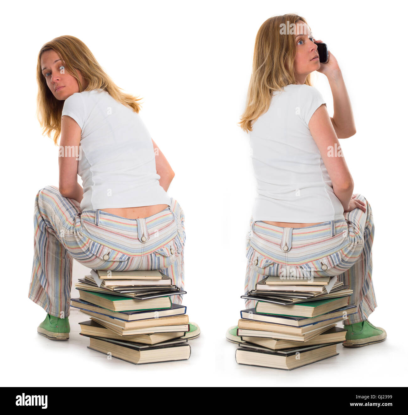 student sitting on the books Stock Photo