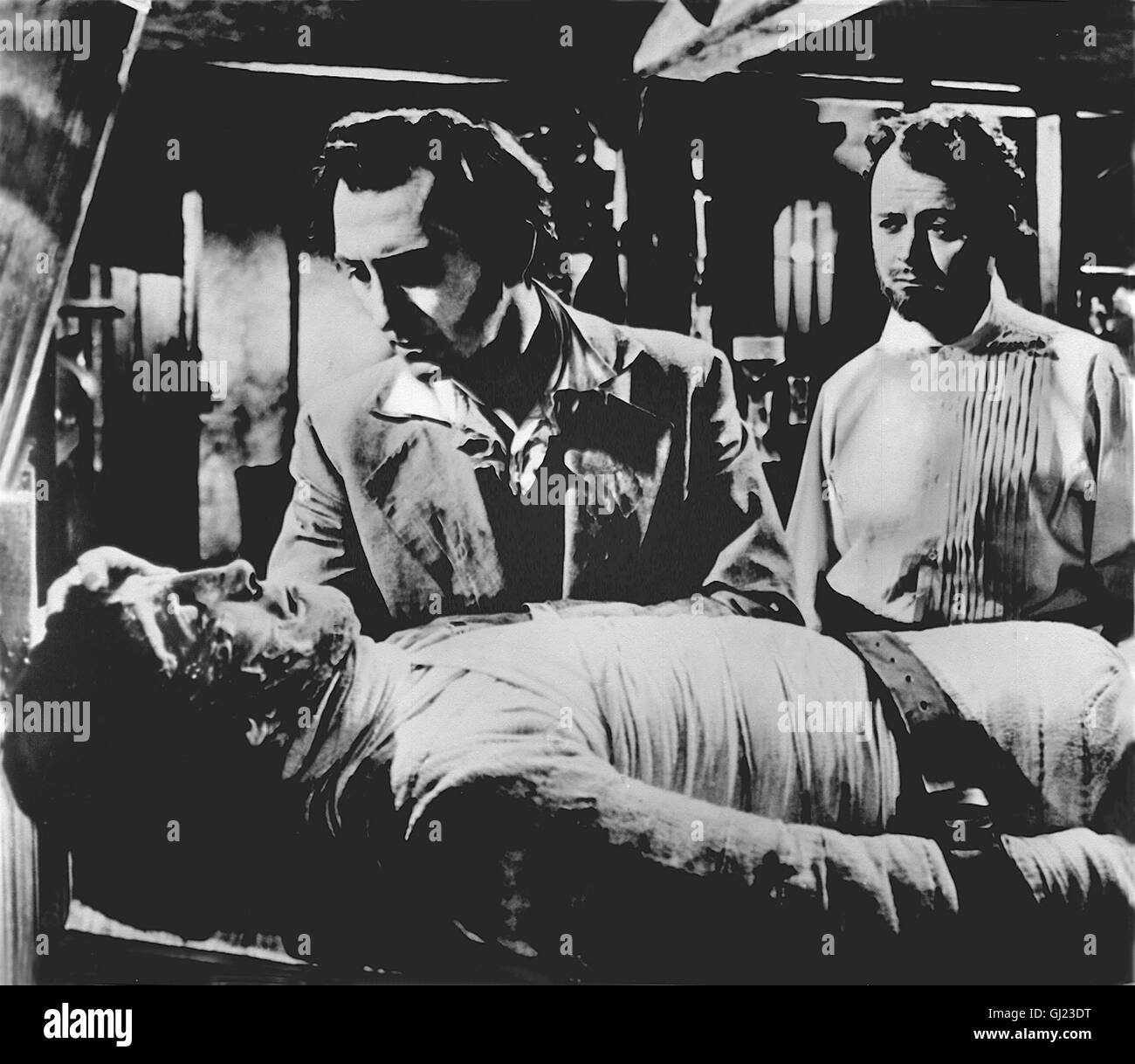 Frankensteins Fluch (The Curse of Frankenstein) USA, England 1957 Regie: Terence Fisher Szene: Baron Viktor (PETER CUSHING), Monster (CHRISTOPHER LEE) und (ROBERT URQUART) als Paul Krempe Stock Photo