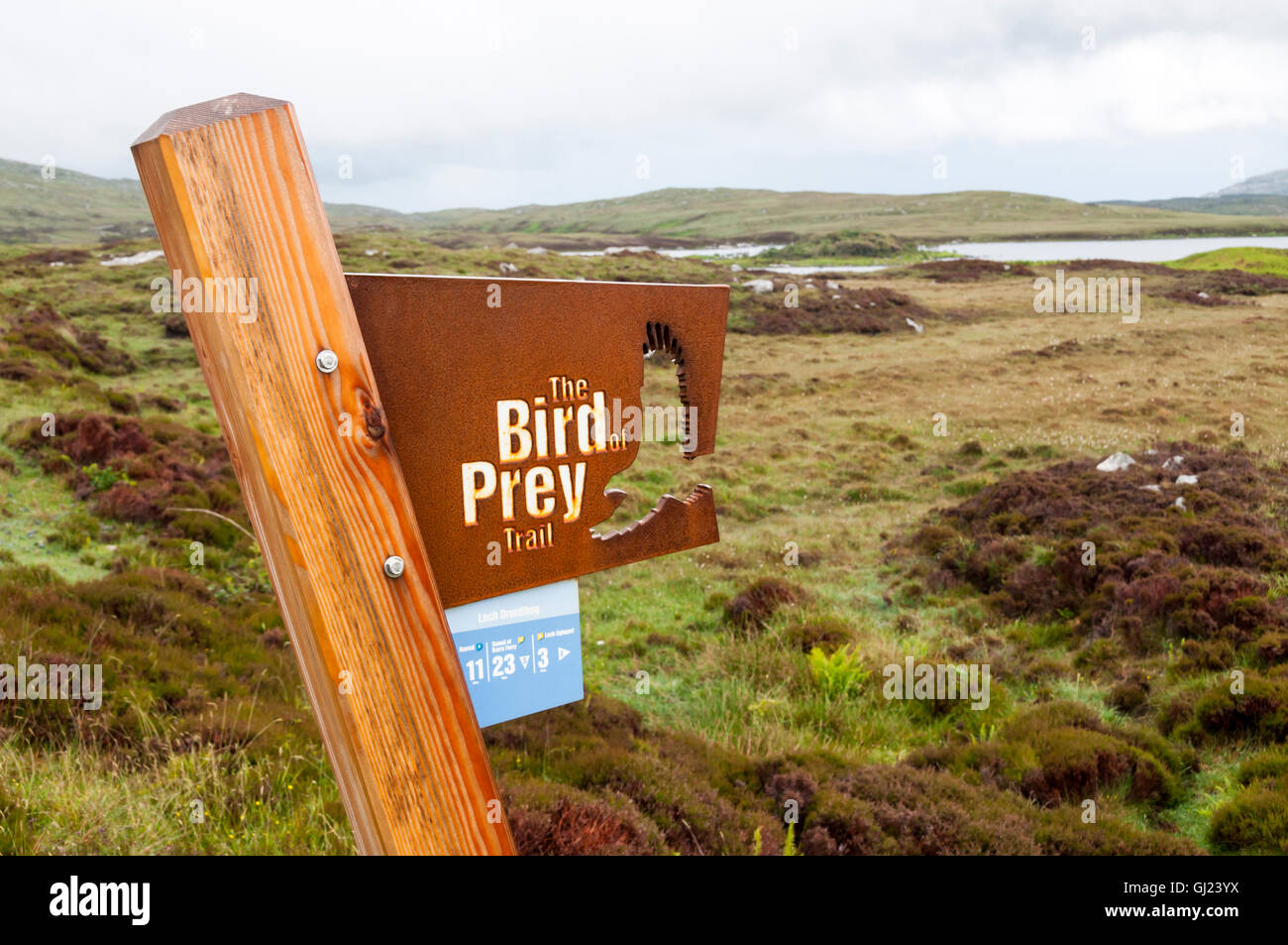 A sign for the Bird of Prey Trail at Loch Druidibeg on South Uist in the Outer Hebrides. Stock Photo