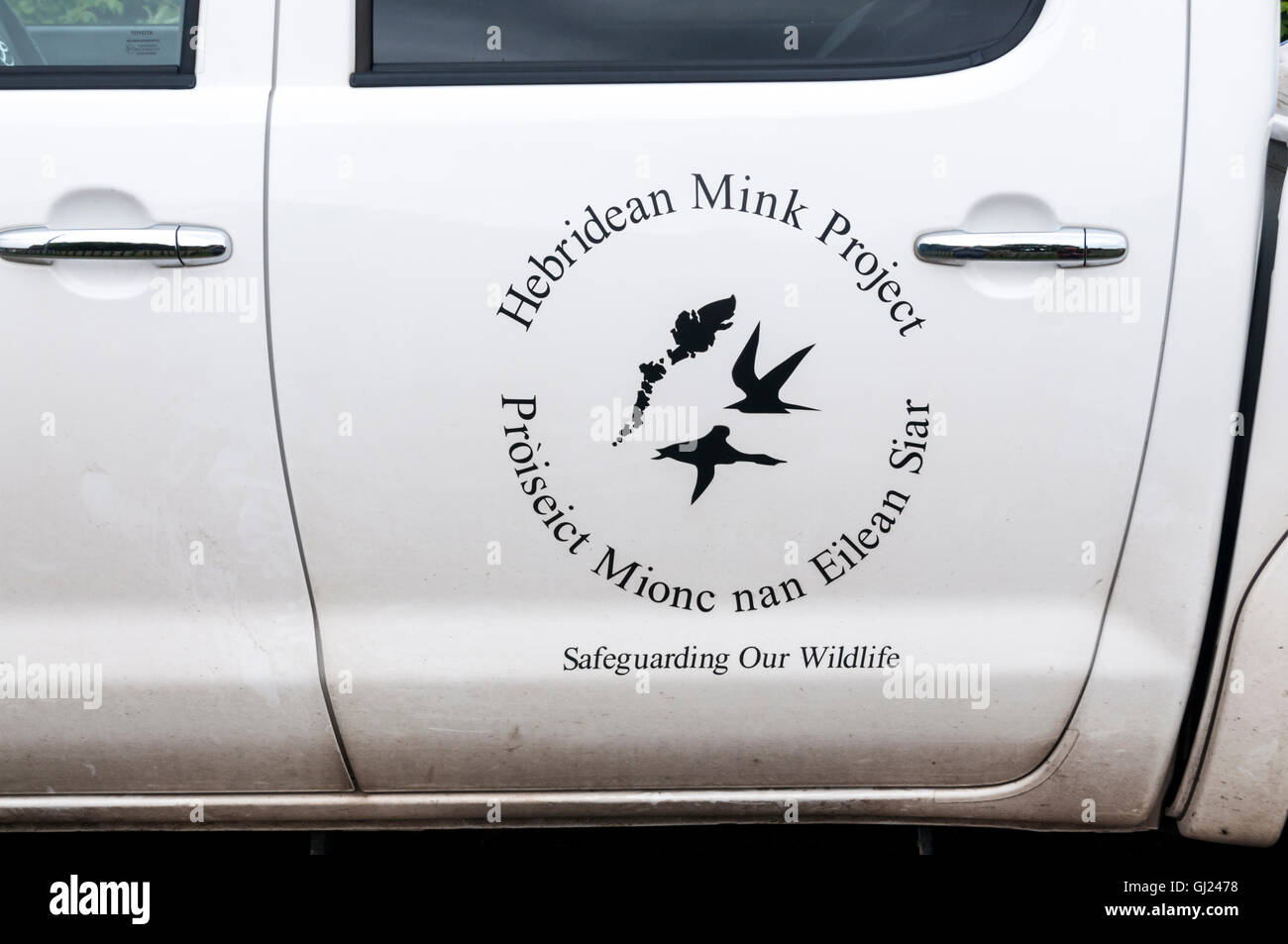 Logo of the Hebridean Mink Project on side of a vehicle on island of Harris in the Outer Hebrides.  DETAILS IN DESCRIPTION. Stock Photo