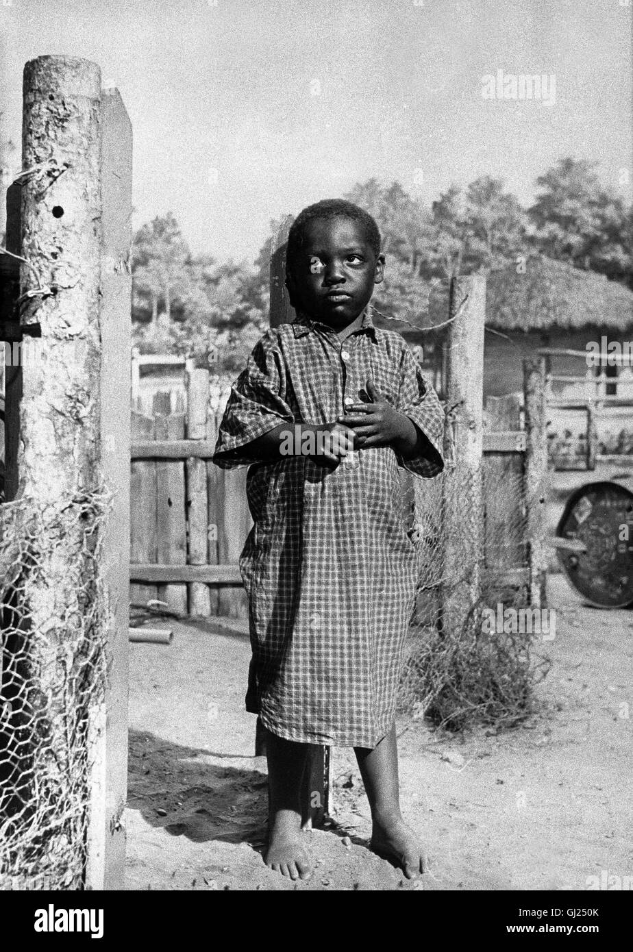 SIMBA- Der junge Engländer Alan Howard reist nach Afrika. Dort will er auf der Farm seines Bruders ein neues Leben beginnen. Als er auf der Farm eintrifft, findet er seinen Bruder ermordet vor. Offensichtlich haben Krieger des Mau-Mau-Stammes die Farm überfallen. Von Schmerz und Rachegefühlen getrieben, will er die mörder seines Bruders zur Rechenschaft ziehen... Foto: Vor dem Haus steht der kleine Joshua (HUNTLEY CAMPBELL), den Howard aufgenommen hat, nachdem Joshuas Eltern von den Mau-Mau-Kriegern getötet wurden. Regie: Brian Desmond aka. Simba Stock Photo