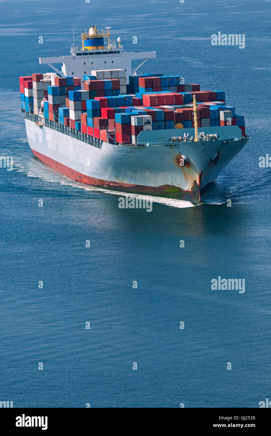 An aerial view of a container ship. Stock Photo