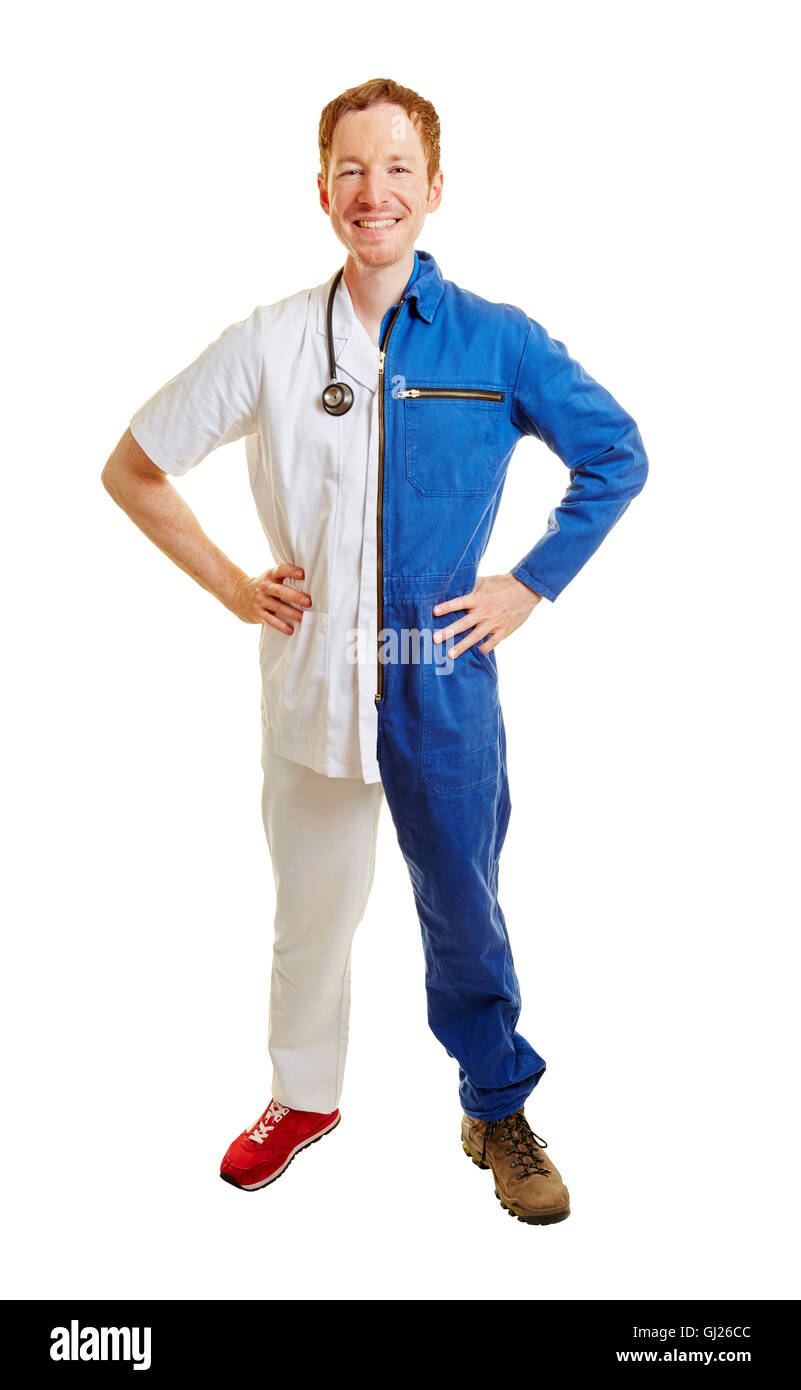 Job change from worker to businessman with the typical clothing from both professions Stock Photo